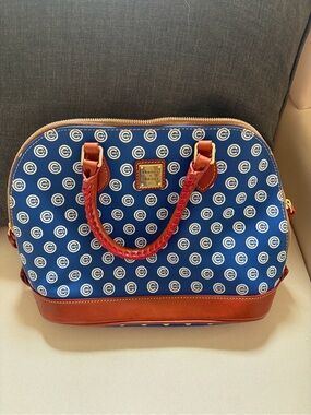 Dooney & Bourke Blue Satchel with Brown Trim and Logo Pattern